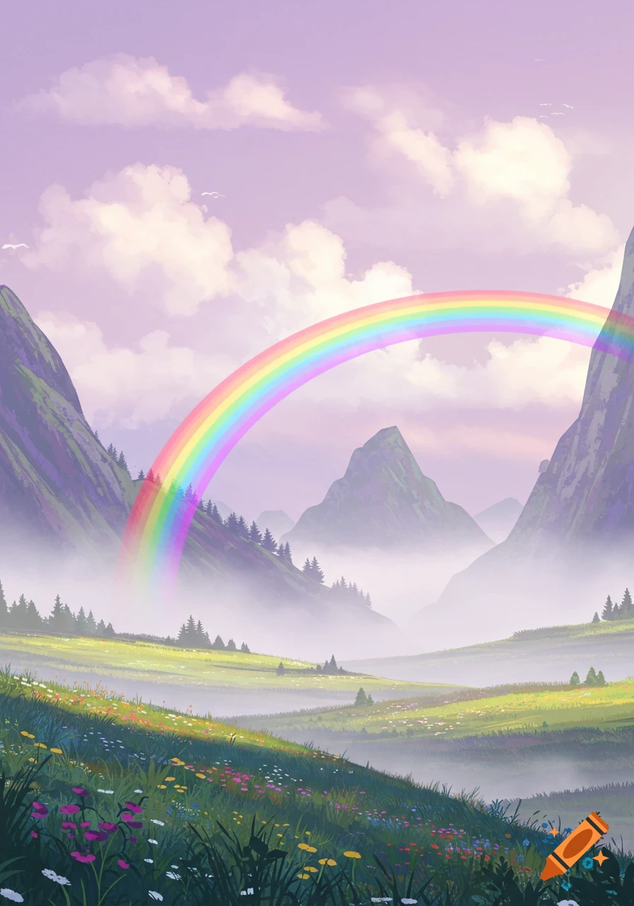 A vibrant rainbow arches over a misty mountain valley filled with colorful flowers and green hills in a stylized illustration.