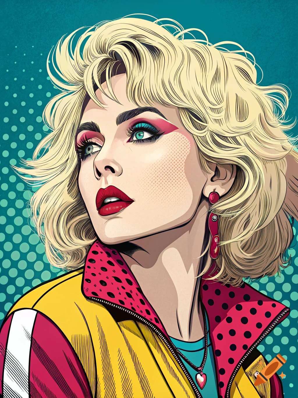 Pop art portrait of a woman with blonde hair, red lipstick, and vibrant makeup, wearing a colorful jacket.