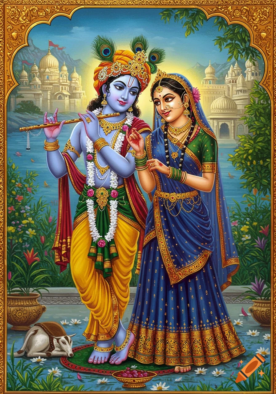 Illustration of Krishna playing the flute and Radha, standing together by water with temples in the background.