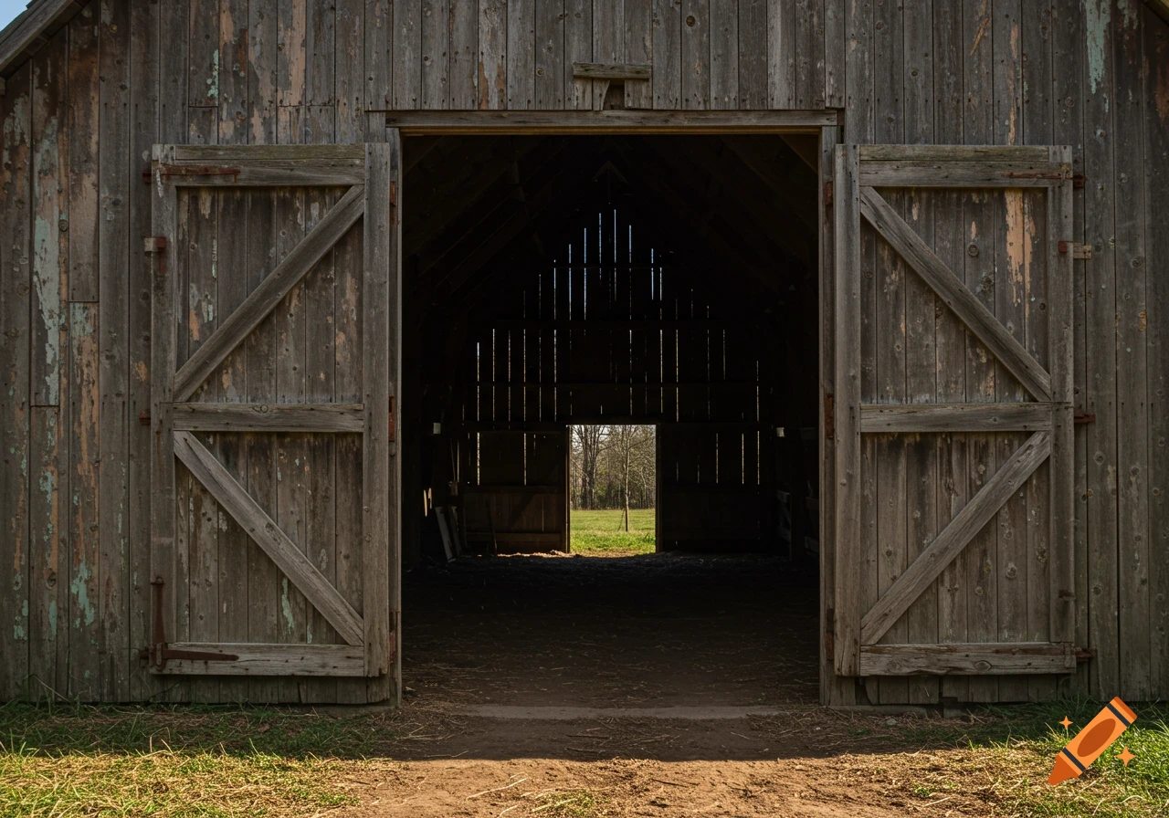 Old wooden barn with open doors looking out onto a sunny field