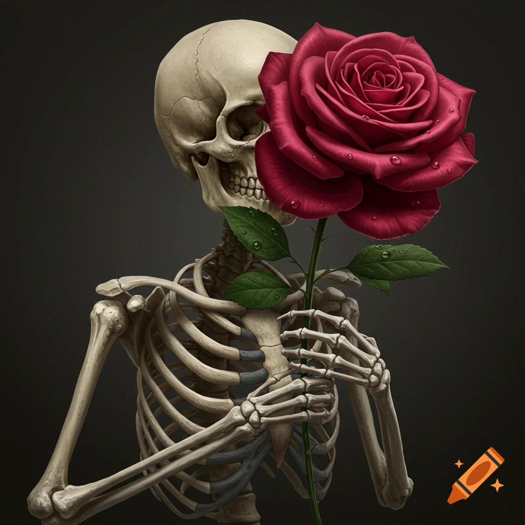 A skeleton holds a single red rose.