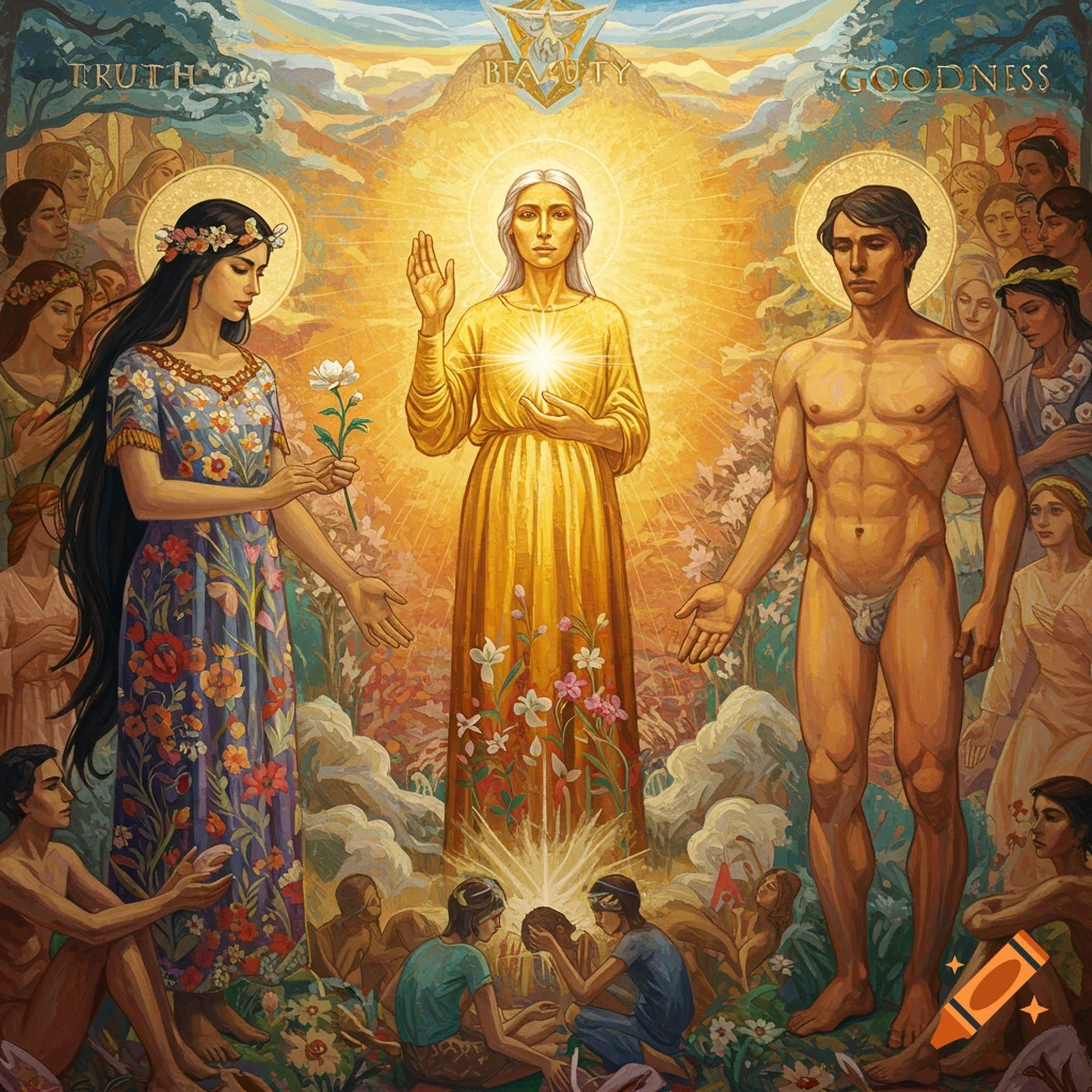 Painting of Truth, Beauty, and Goodness figures surrounded by people and nature, text reads TRUTH BEAUTY GOODNESS.