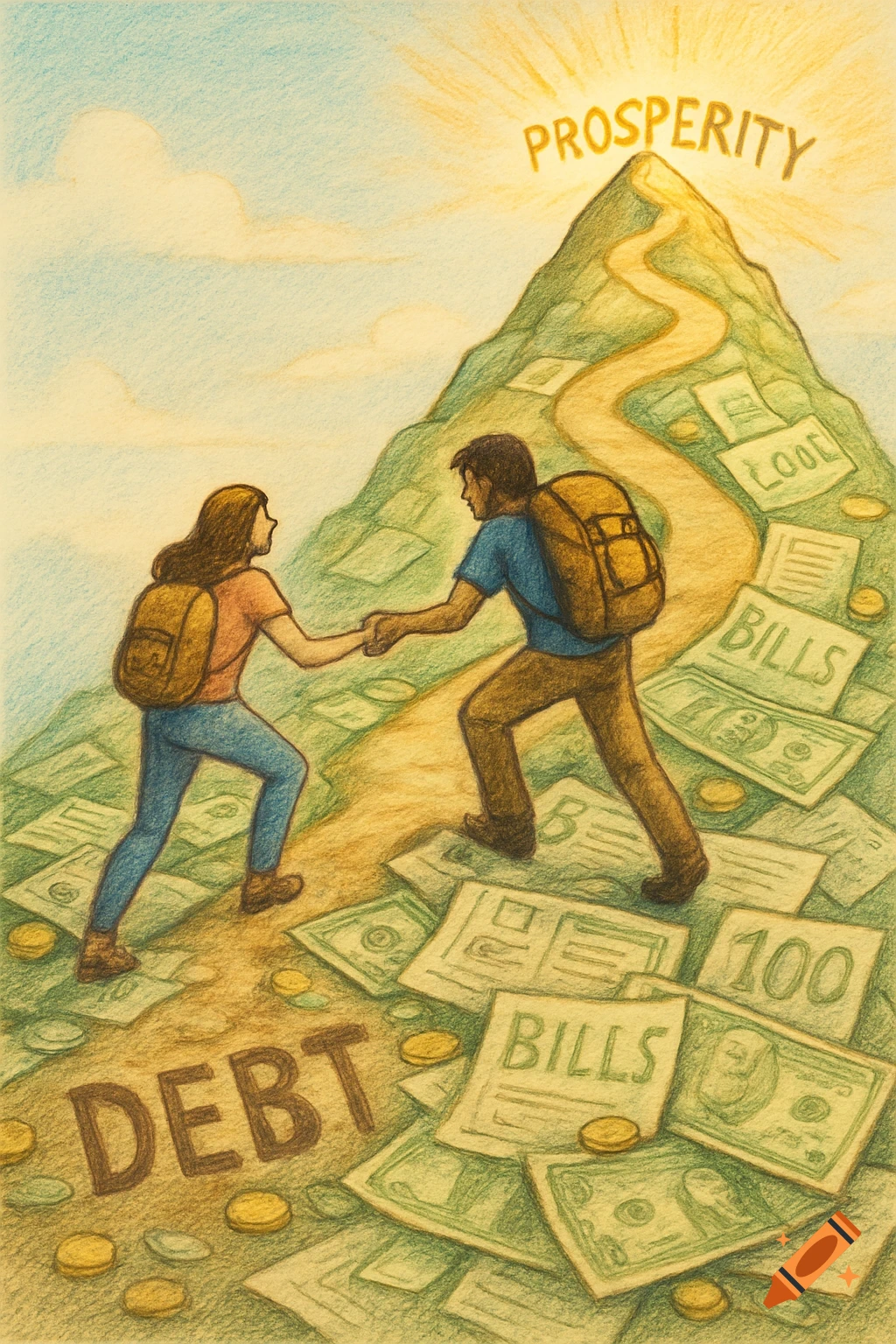 Illustration of two people climbing a mountain path made of bills, money, and papers marked 'DEBT', towards 'PROSPERITY' at the top.