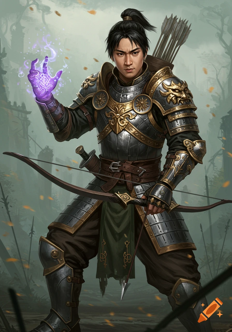 Asian man in fantasy armor holding a bow and showing a glowing magic hand.