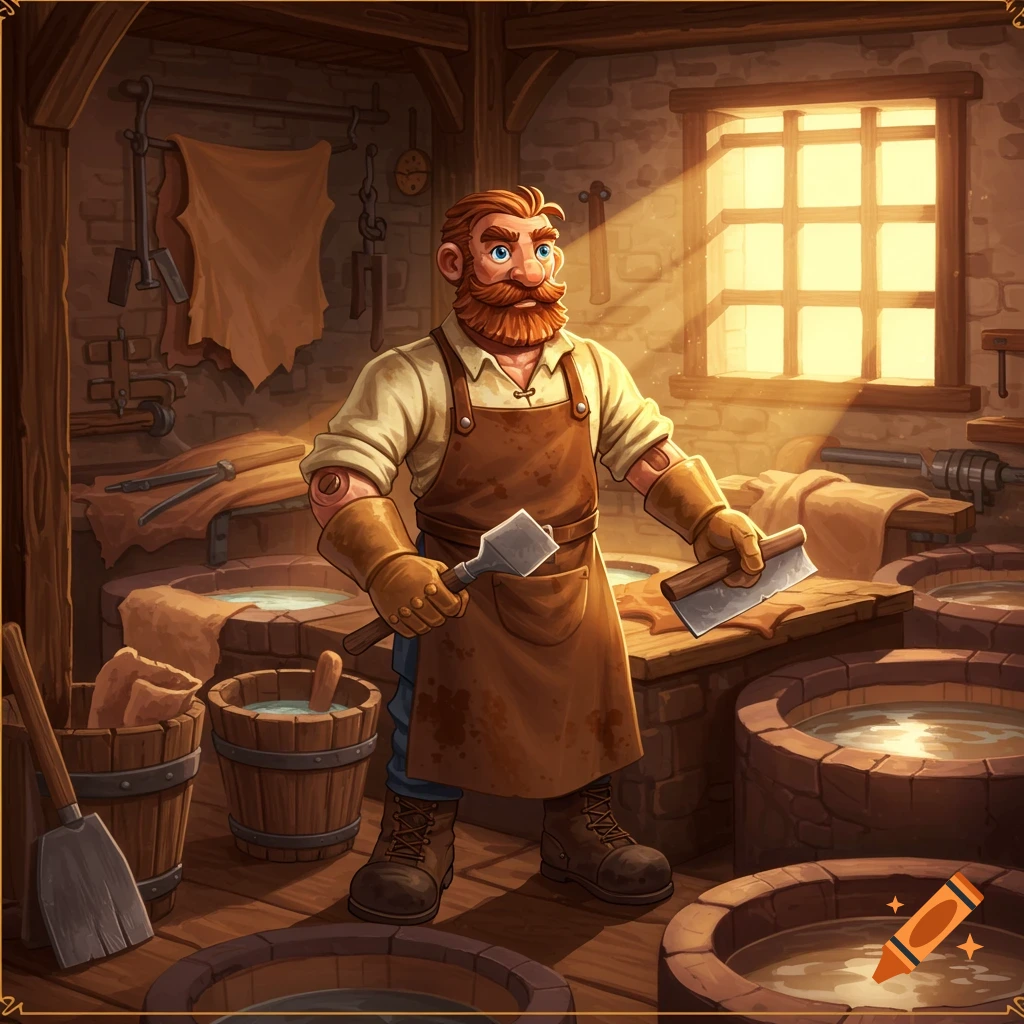 A cartoonish tanner in a workshop, holding tools next to large vats, lit by sunlight. Fantasy action figure style.