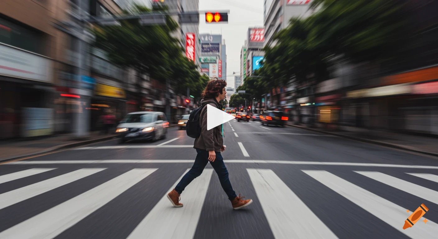 Person with backpack crossing a busy city street with motion blur.