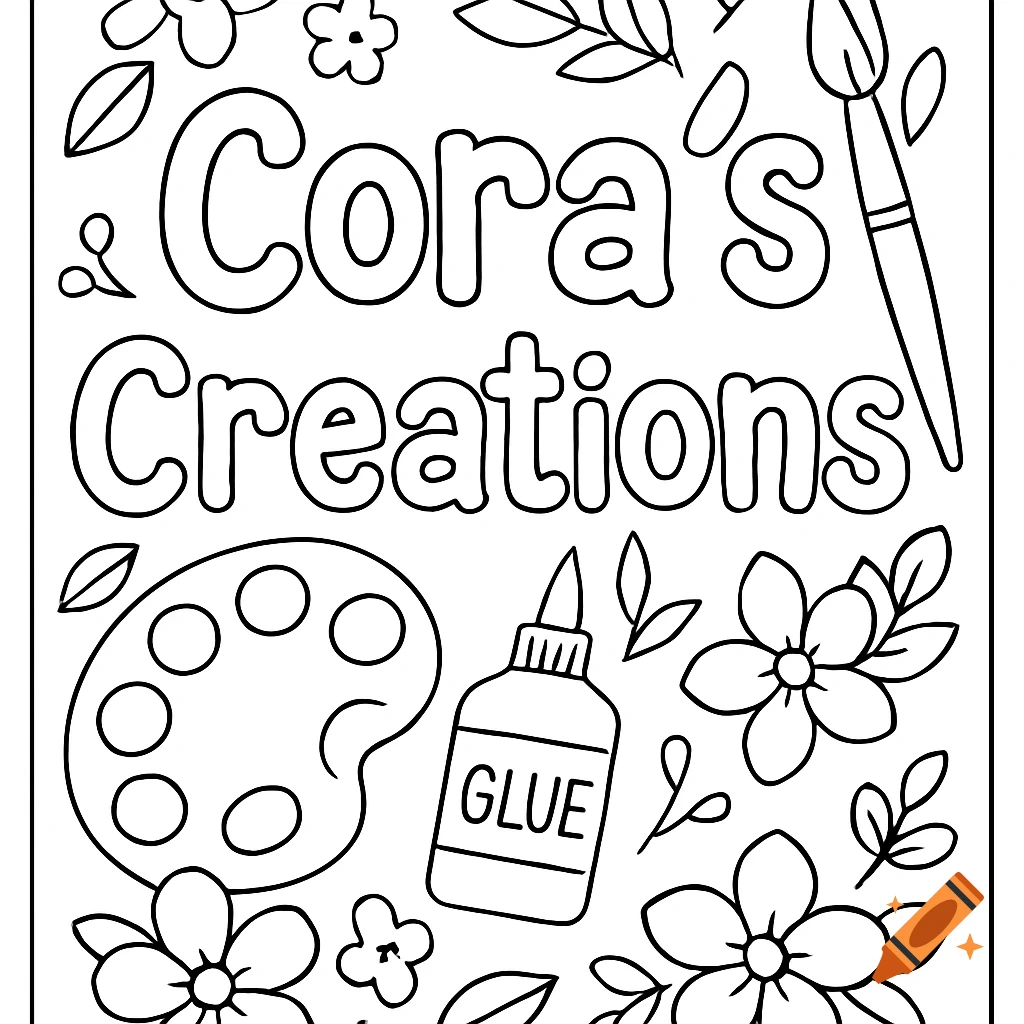 Coloring page with text Cora's Creations, art supplies, and flowers