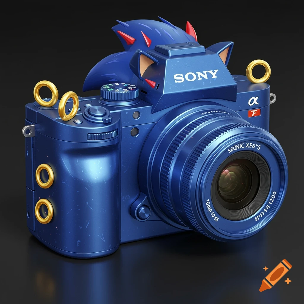 Close-up of a blue camera designed like Sonic the Hedgehog with red accents and gold rings.