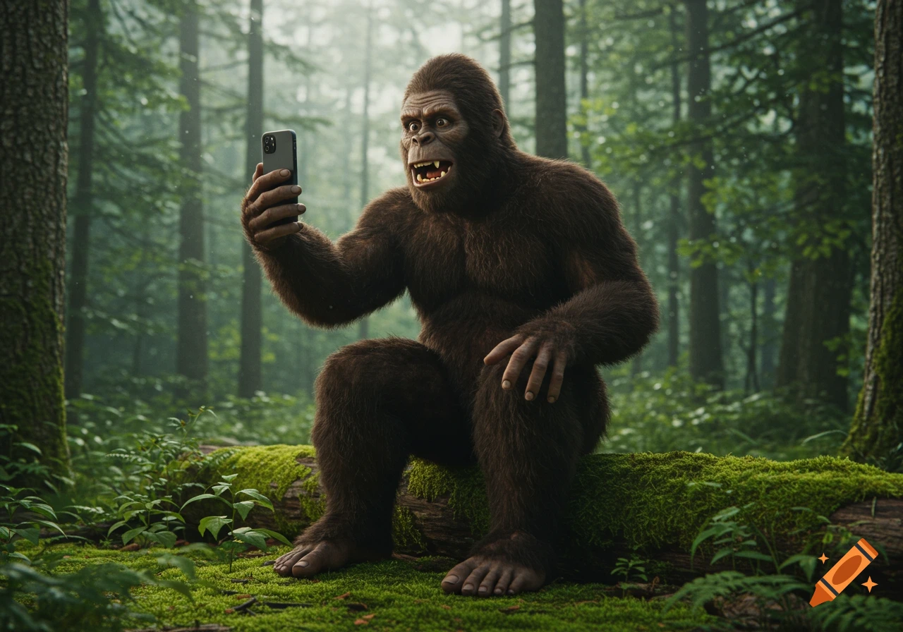 Photorealistic image of Bigfoot sitting on a log in a forest, holding up a phone and appearing to take a selfie or vlog.