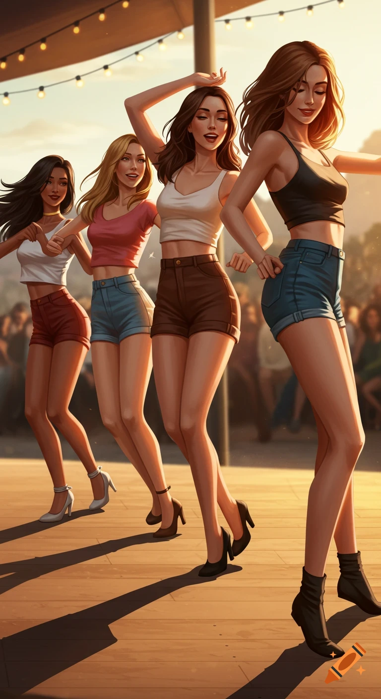 Four women in tank tops and shorts dancing outdoors at sunset.