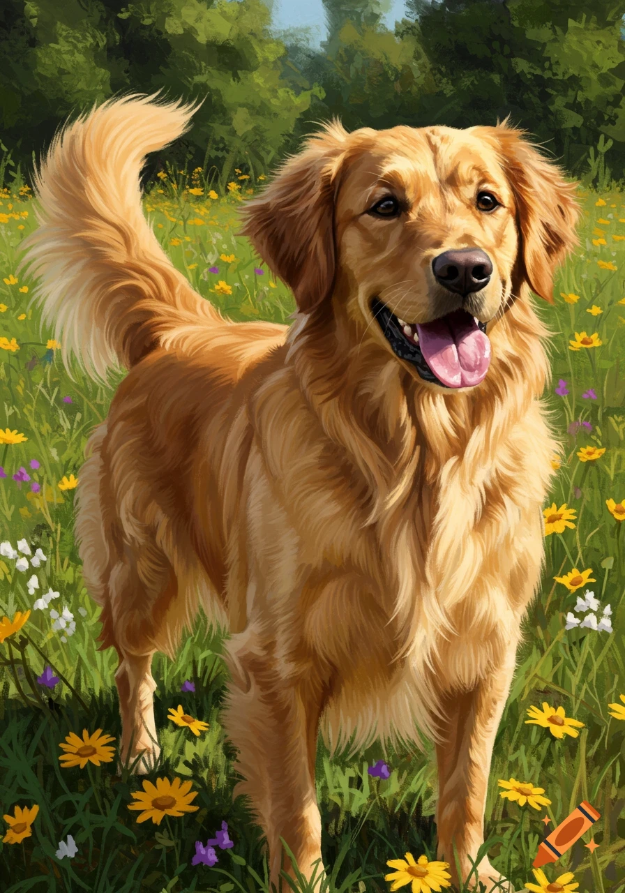 A Golden Retriever dog stands in a field of yellow and purple flowers ...