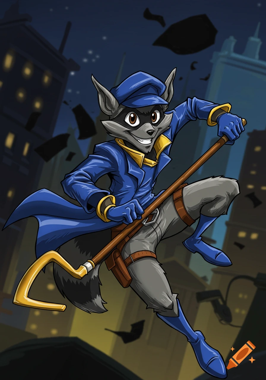 Sly Cooper, a cartoon raccoon in a blue coat, leaps through a city night with his cane.