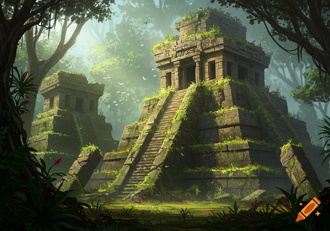 Ancient stone temple ruins covered in vines in a fantasy jungle