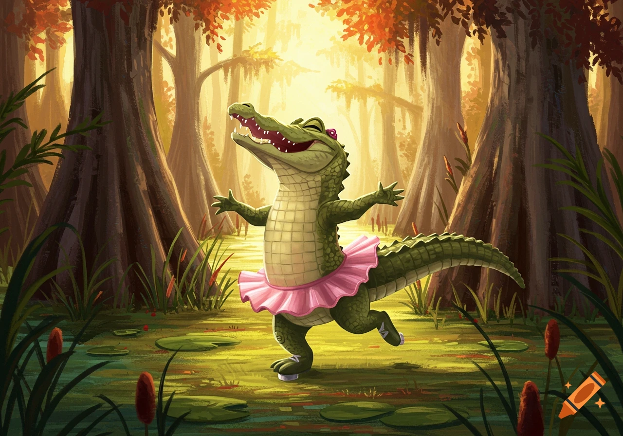 Cartoon alligator wearing a pink tutu dancing in a sunny swamp with cypress trees.