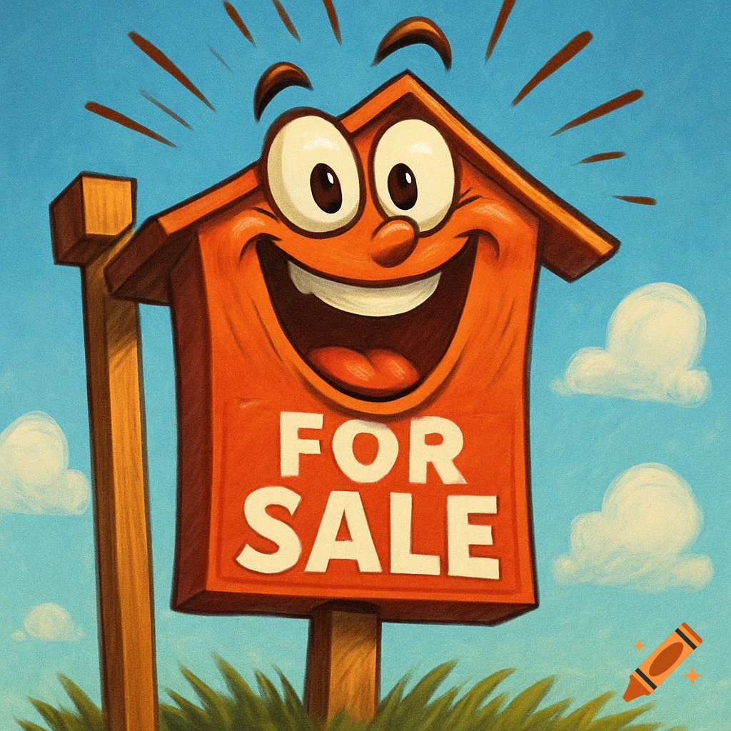 Cartoon house-shaped 'For Sale' sign smiling excitedly