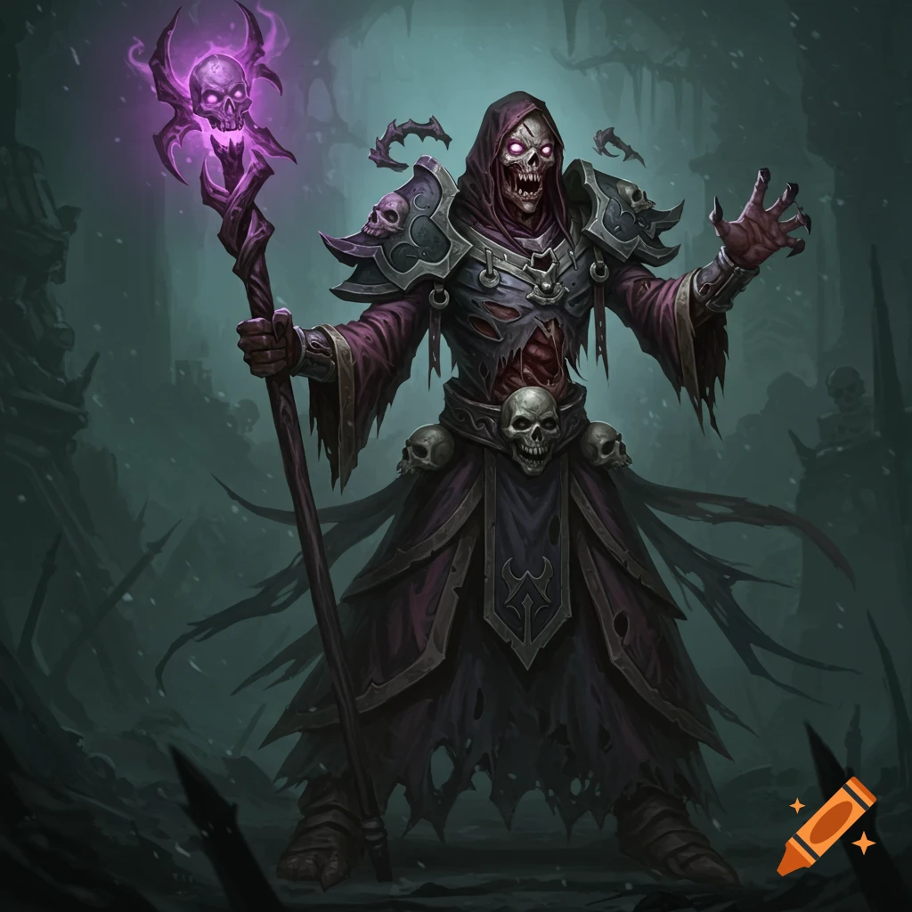 Dark fantasy art of an undead mage holding a glowing skull staff in a ruined environment.