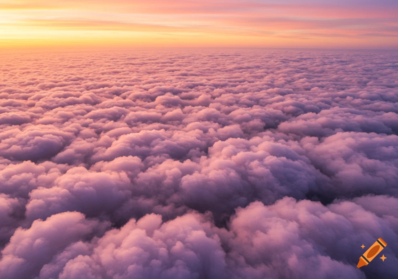 Aerial view of thousands of clouds at sunset with orange and pink sky.