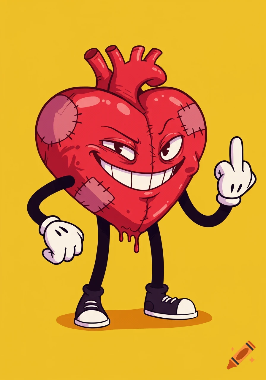 Cartoon heart character giving the middle finger