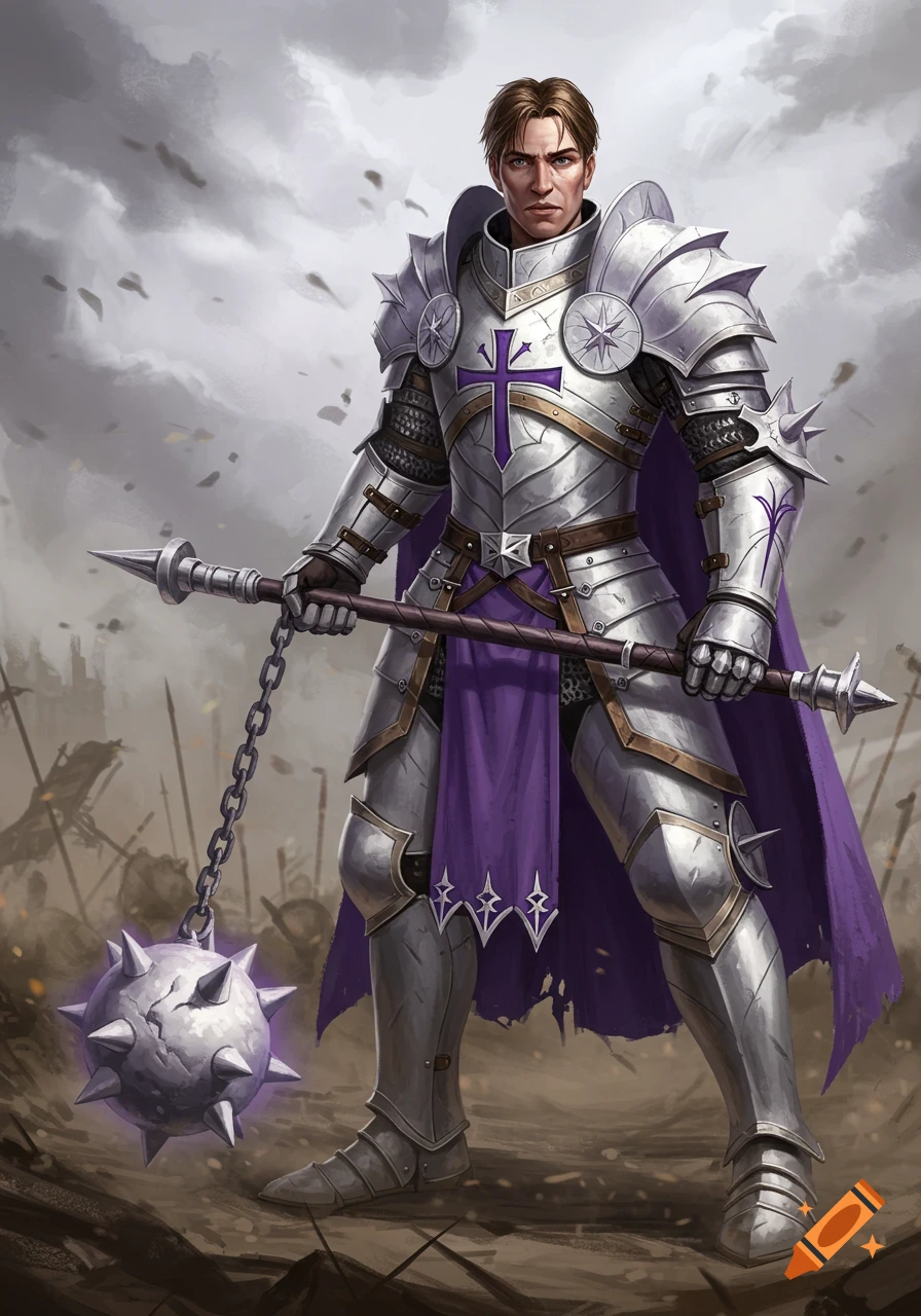 A fantasy knight in silver and purple armor stands holding a flail on a battlefield.
