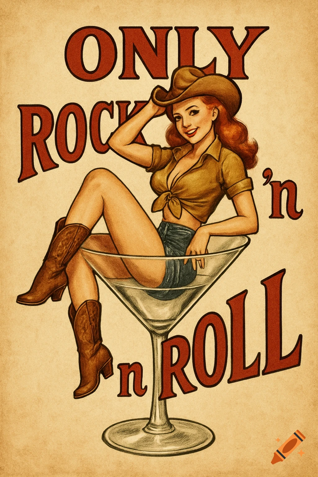 Retro illustration of a pin-up cowgirl sitting in a martini glass with 'ONLY ROCK 'n ROLL' text.