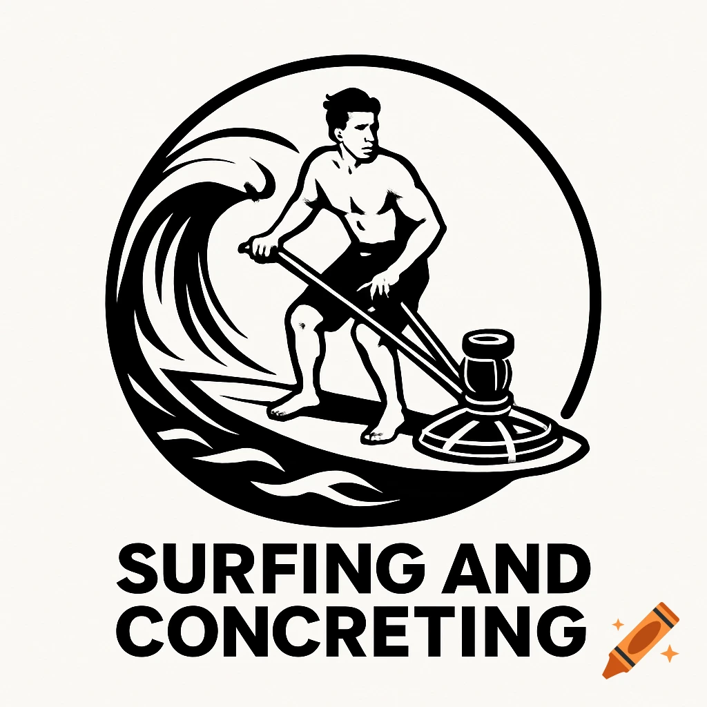 Black and white logo of a man surfing a wave with a concrete polisher. Text reads SURFING AND CONCRETING.