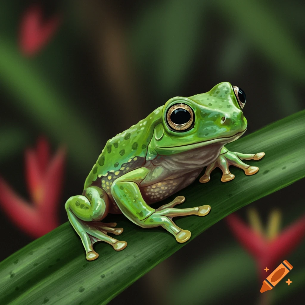 Green frog on a leaf with red flowers, illustration