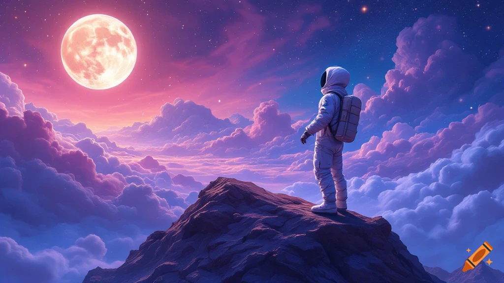 An astronaut stands on a mountain peak looking at a large moon over vibrant pink and purple clouds.