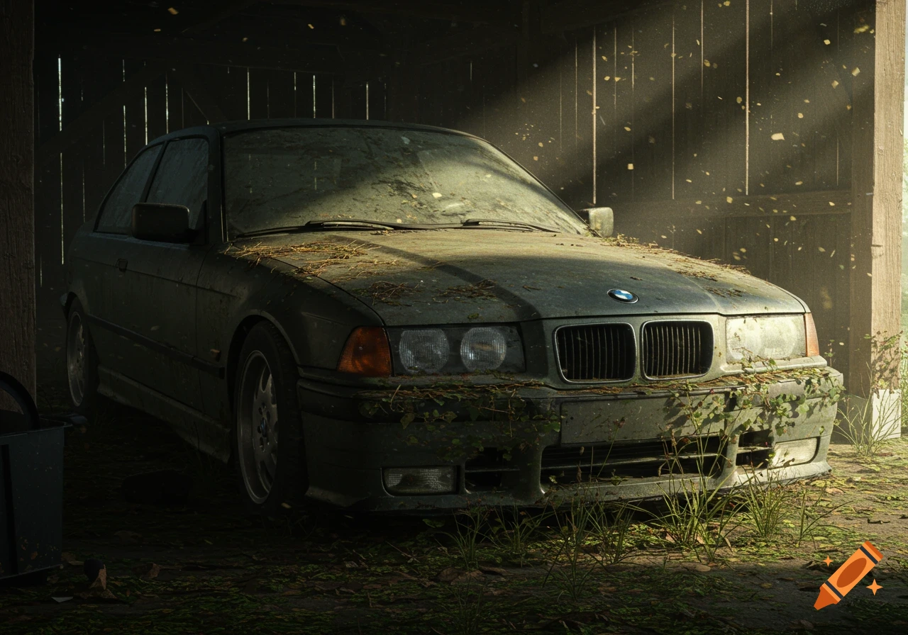 An old, dirty BMW E36 car sits abandoned in a dusty barn, covered in leaves and dirt.