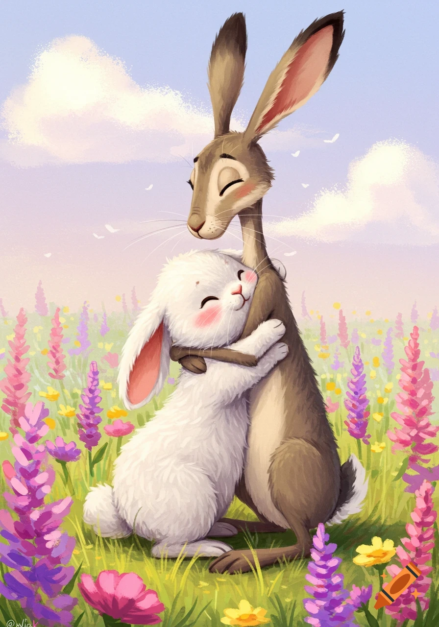 An illustration of a brown rabbit and a white rabbit hugging in a field of flowers.