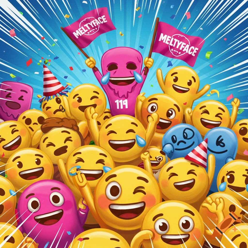 A crowd of colorful cartoon emojis cheering enthusiastically with flags ...