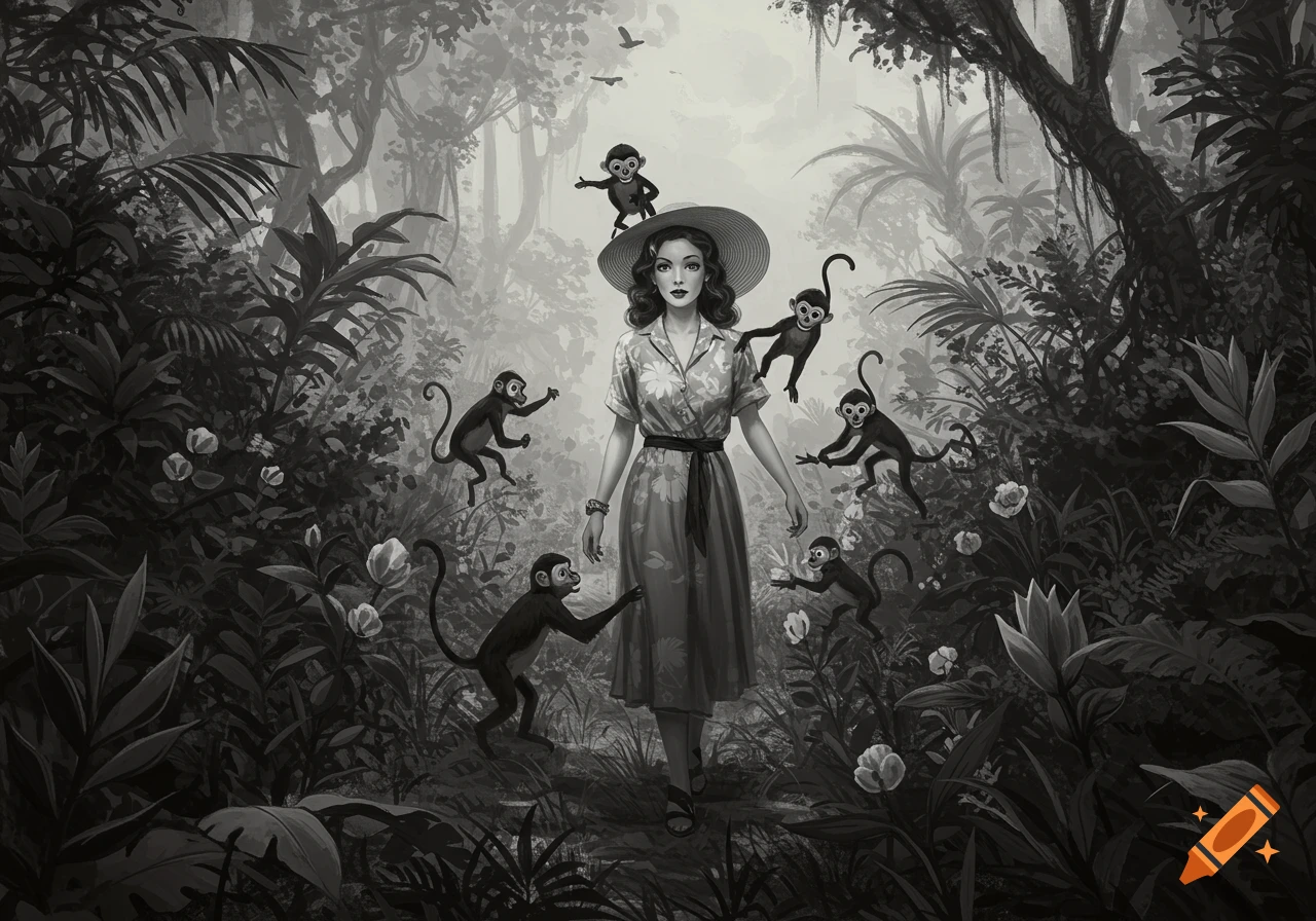 Vintage woman walking in a black and white jungle illustration surrounded by monkeys.