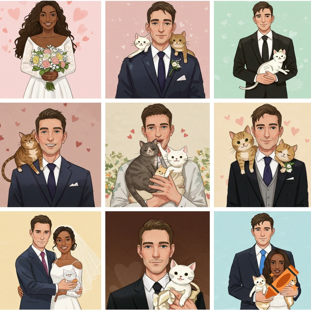 Grid of cartoon illustrations showing couples and cats at weddings.