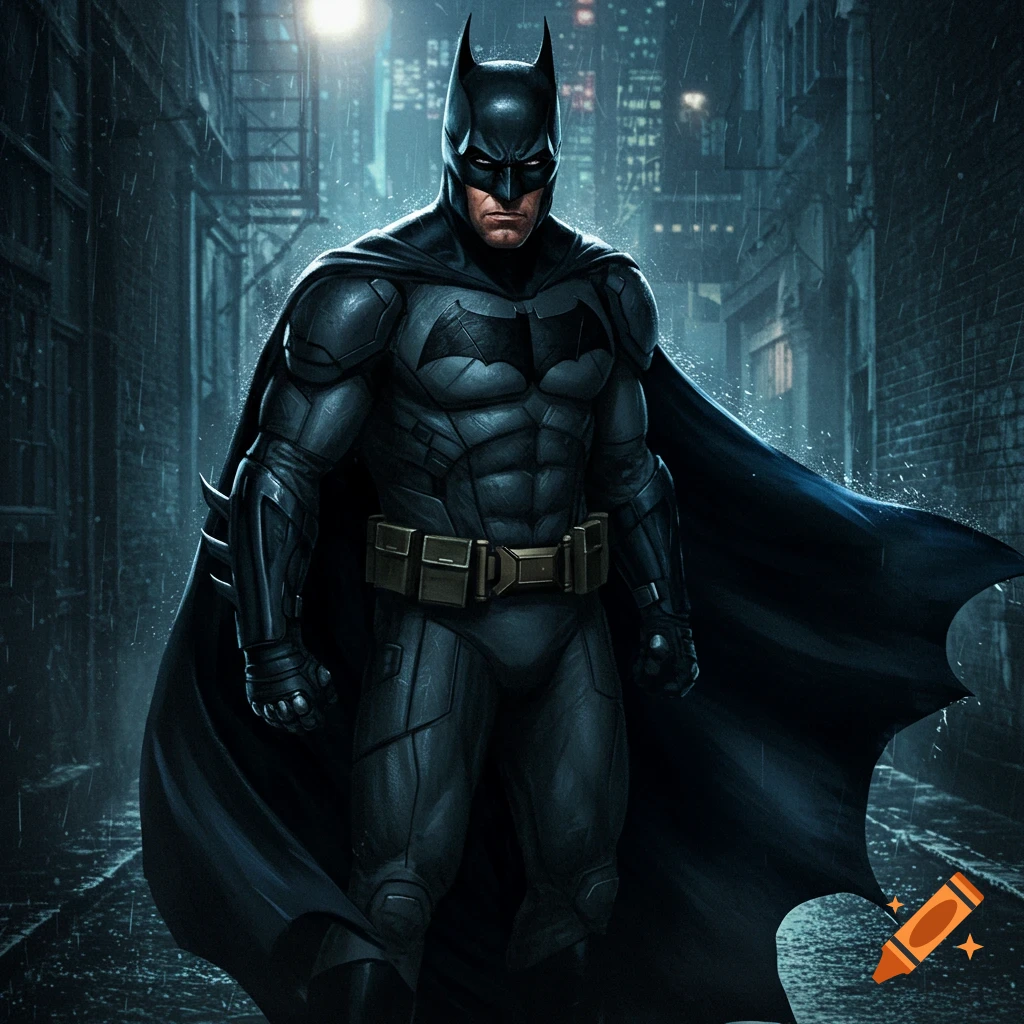 Detailed illustration of Batman standing in a dark, rainy alleyway