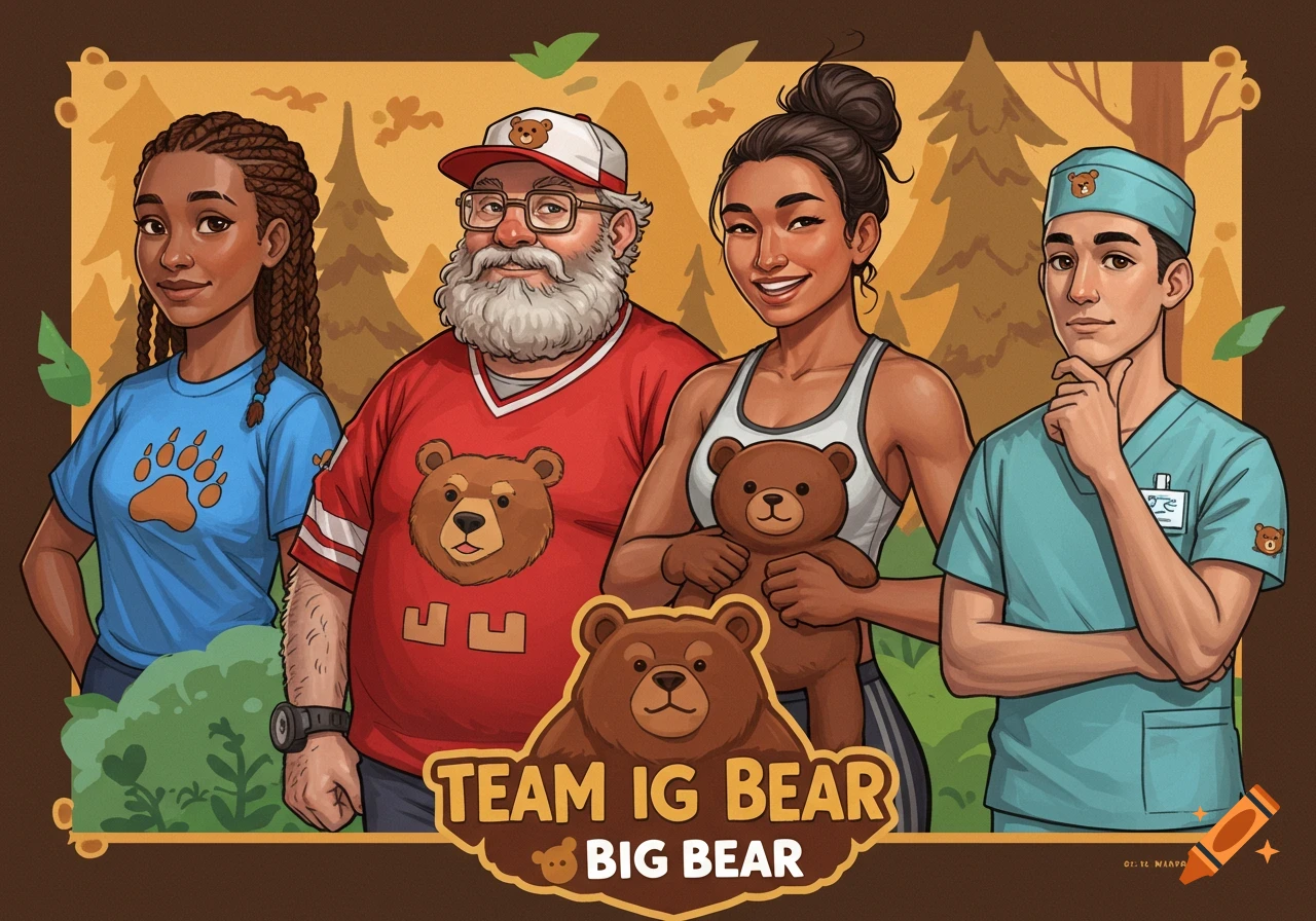 Illustrated image of a diverse group of four people with bear logos and a forest background, featuring text 'TEAM IG BEAR BIG BEAR'.