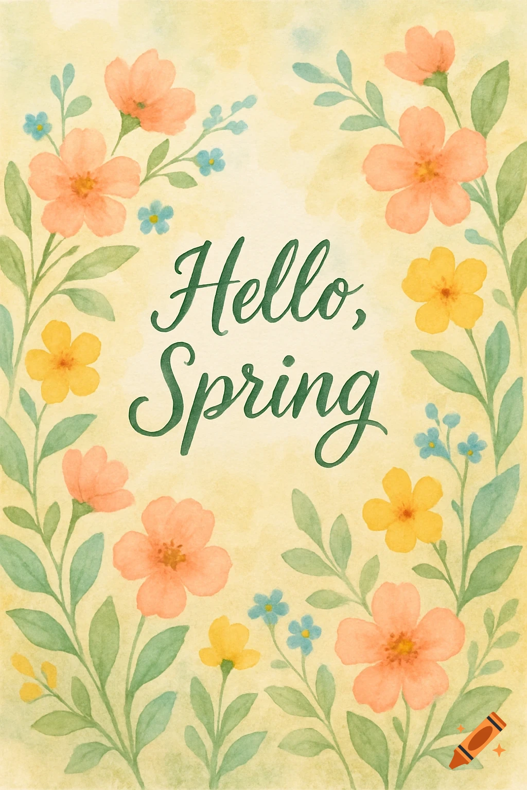 Watercolor illustration of orange and yellow flowers framing the text 'Hello, Spring'.