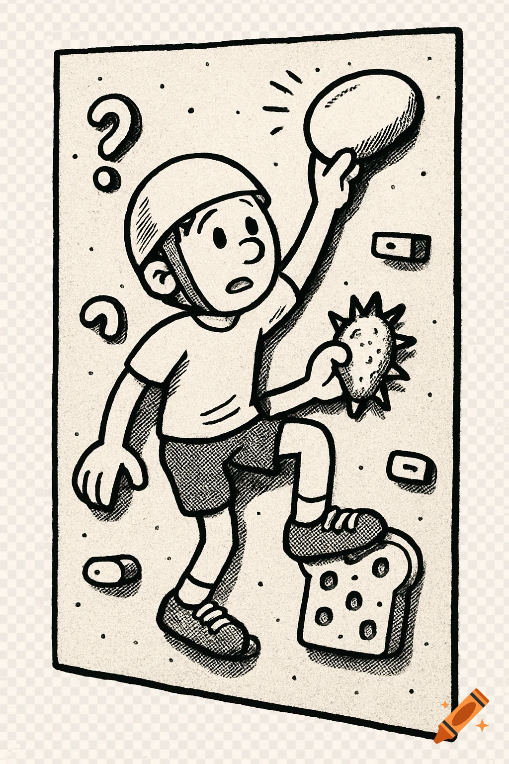 Black and white cartoon illustration of a boy climbing a wall with unusual holds like bread and a question mark.