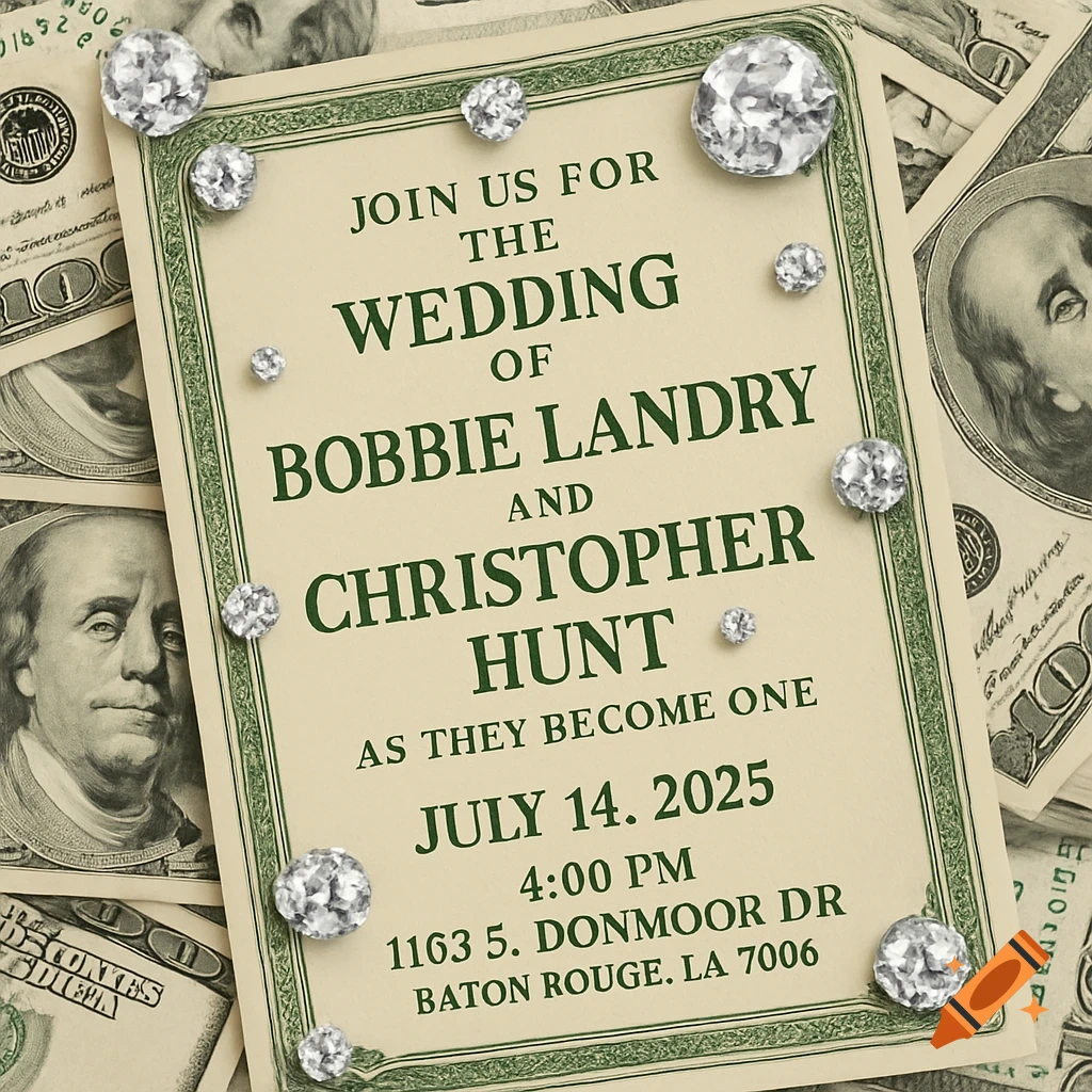 A wedding invitation card centered on a background of dollar bills, decorated with diamonds.