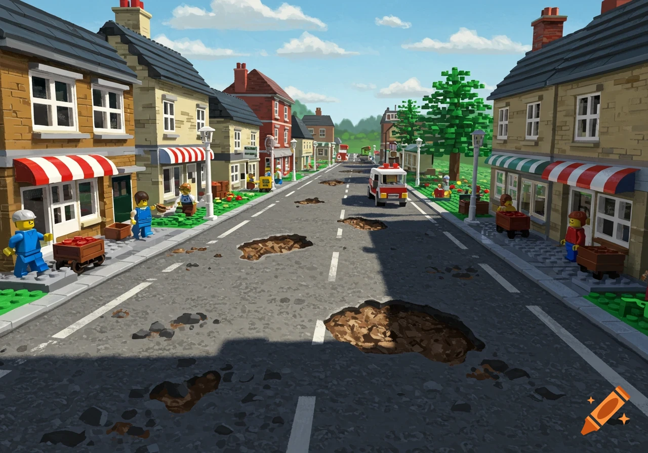 A Lego town street scene with potholes, buildings, and minifigures.