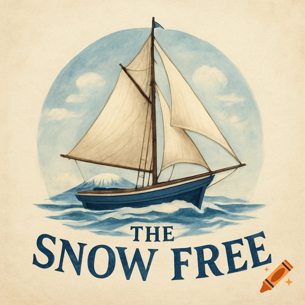Stylized illustration of a sailboat on waves with a snowy mountain in the background and 'THE SNOW FREE' text below.