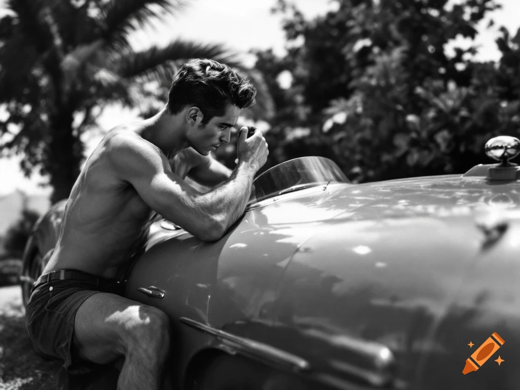 Shirtless man leaning on a classic Porsche sports car in black and white.