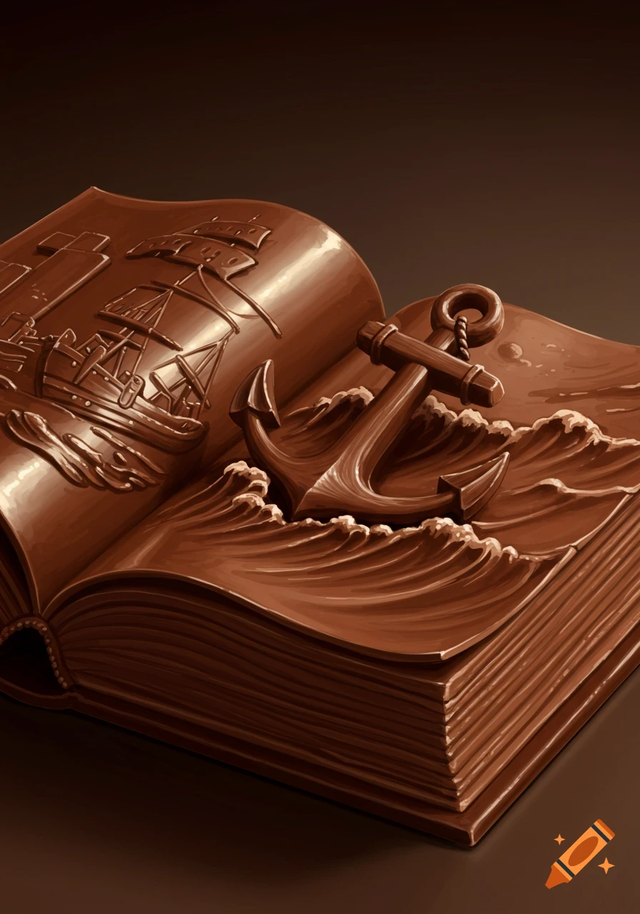 Close-up of an open book and an anchor sculpted from chocolate with waves and a ship detail.