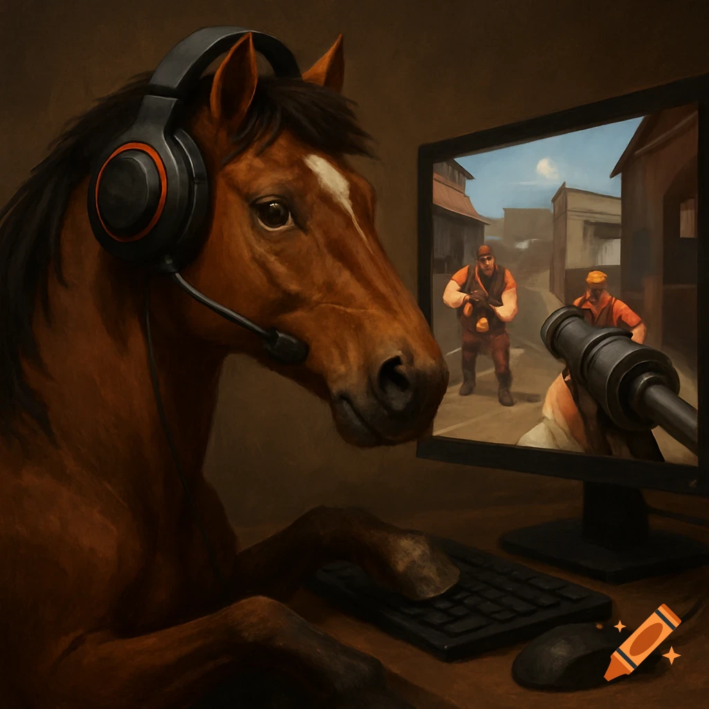 A brown horse wearing gaming headphones plays Team Fortress 2 on a computer screen. Digital painting style.