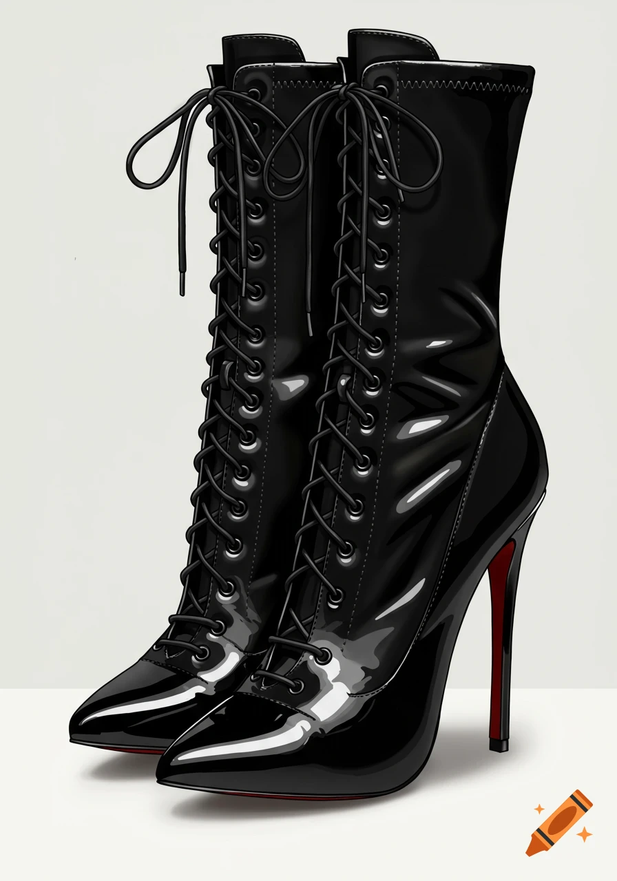 Pair of shiny black lace-up stiletto boots with red soles
