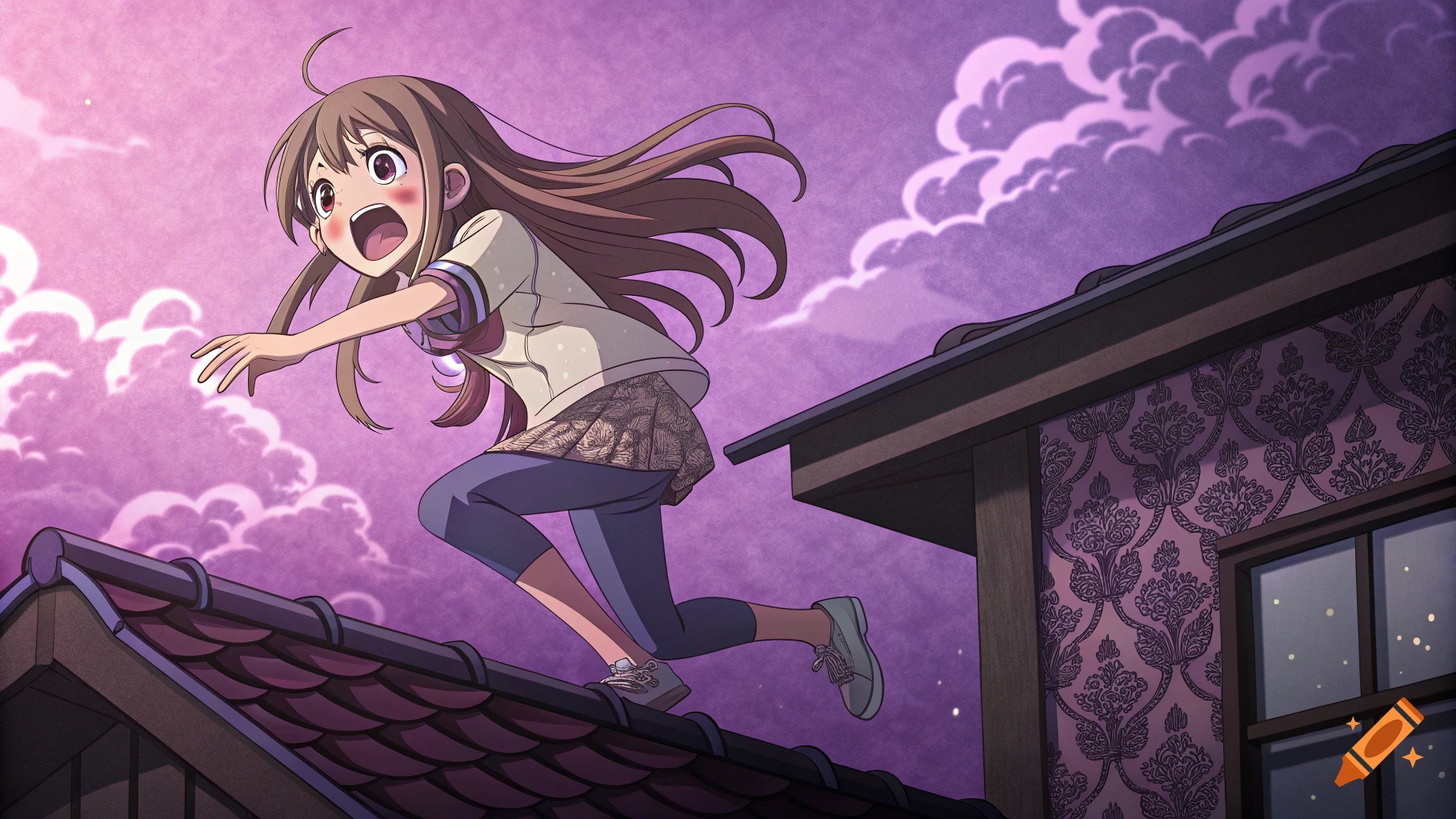 Anime girl on a rooftop, reaching out with a surprised expression under a purple sky.