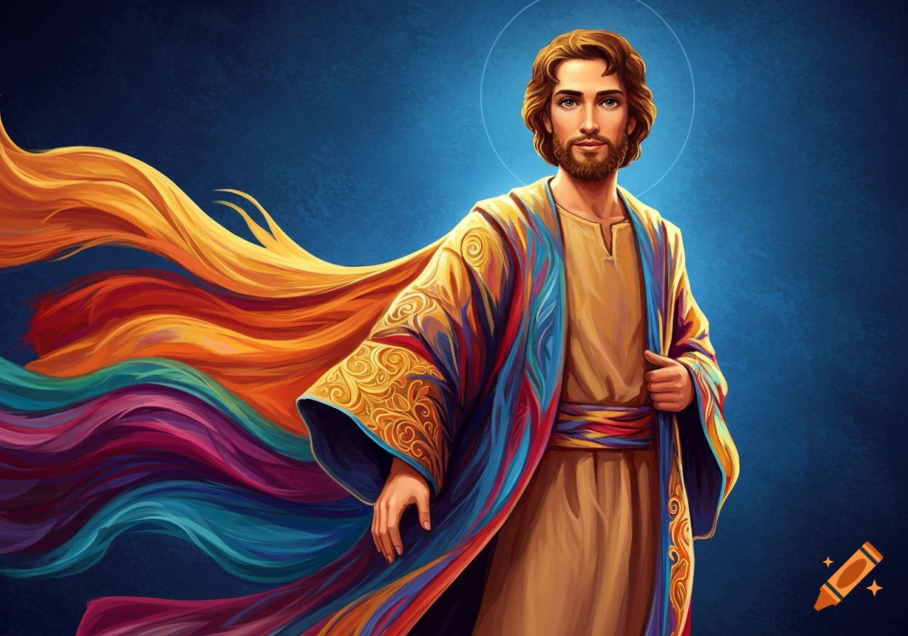 Stylized portrait of a man with a beard and halo, wearing a flowing, colorful coat against a blue background.