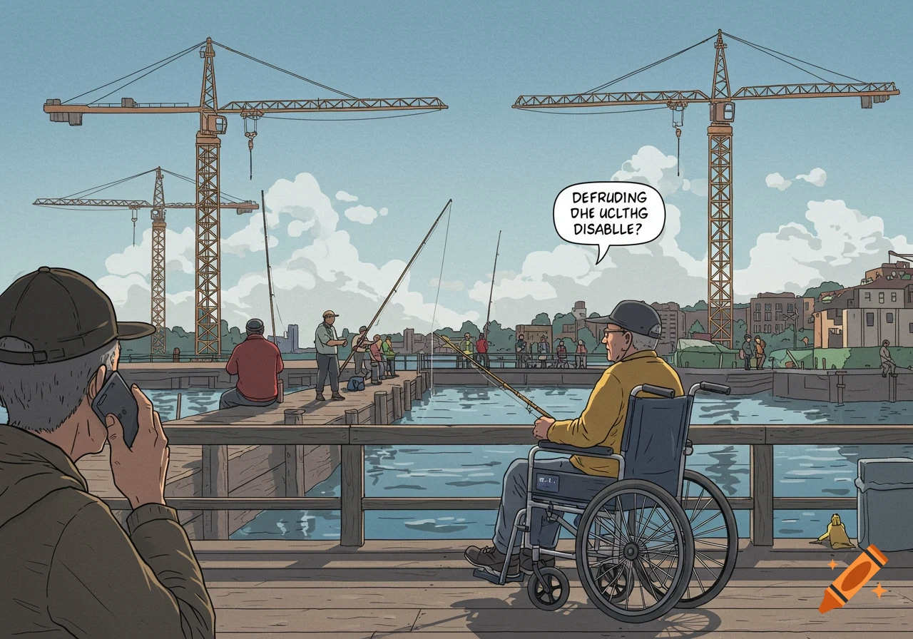Comic art of people fishing on a jetty with cranes in the background. A man in a wheelchair is fishing, and a person in the foreground talks on the phone.