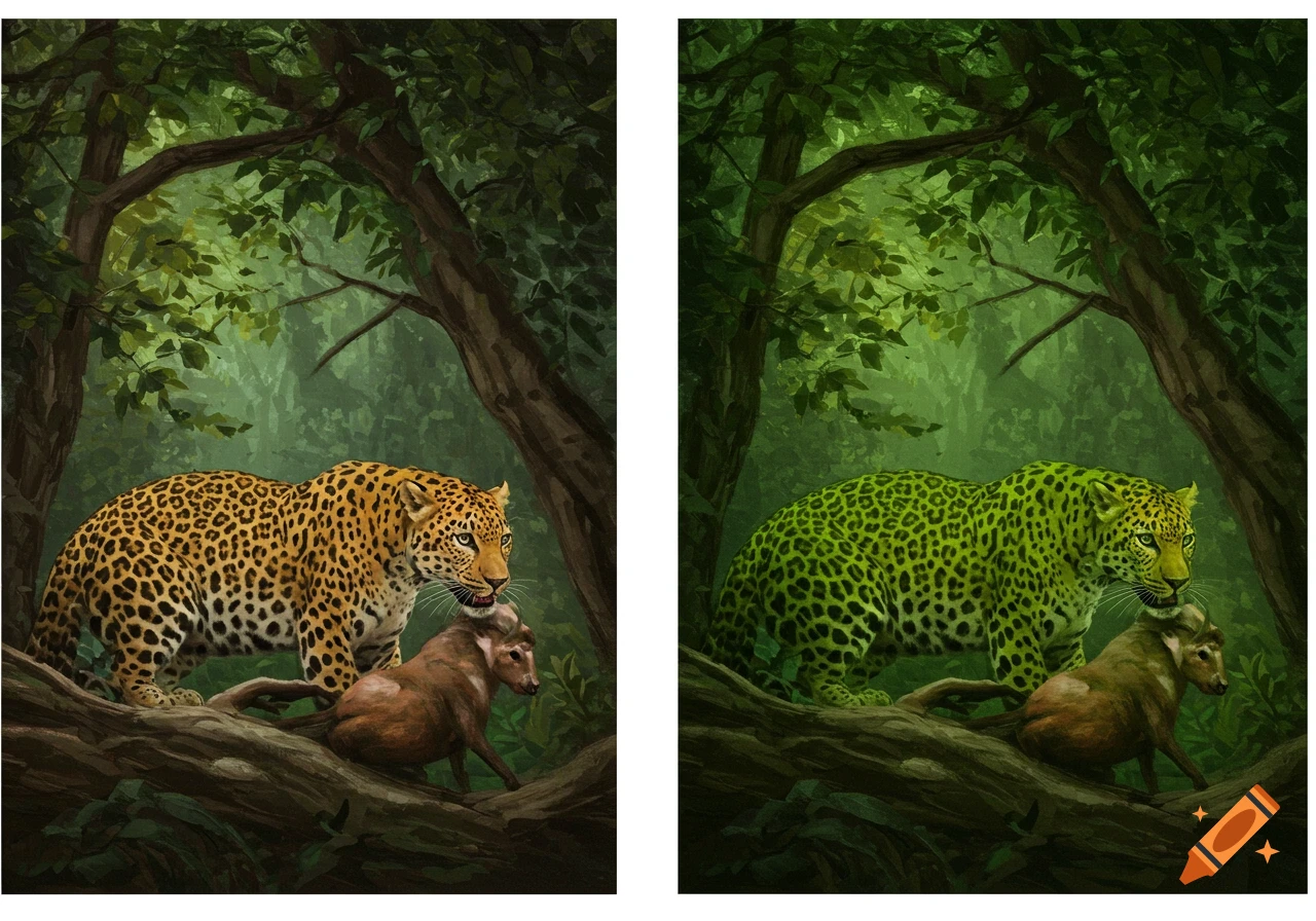 Two panels show a leopard hunting prey in a forest next to a green leopard hunting prey in the same forest.