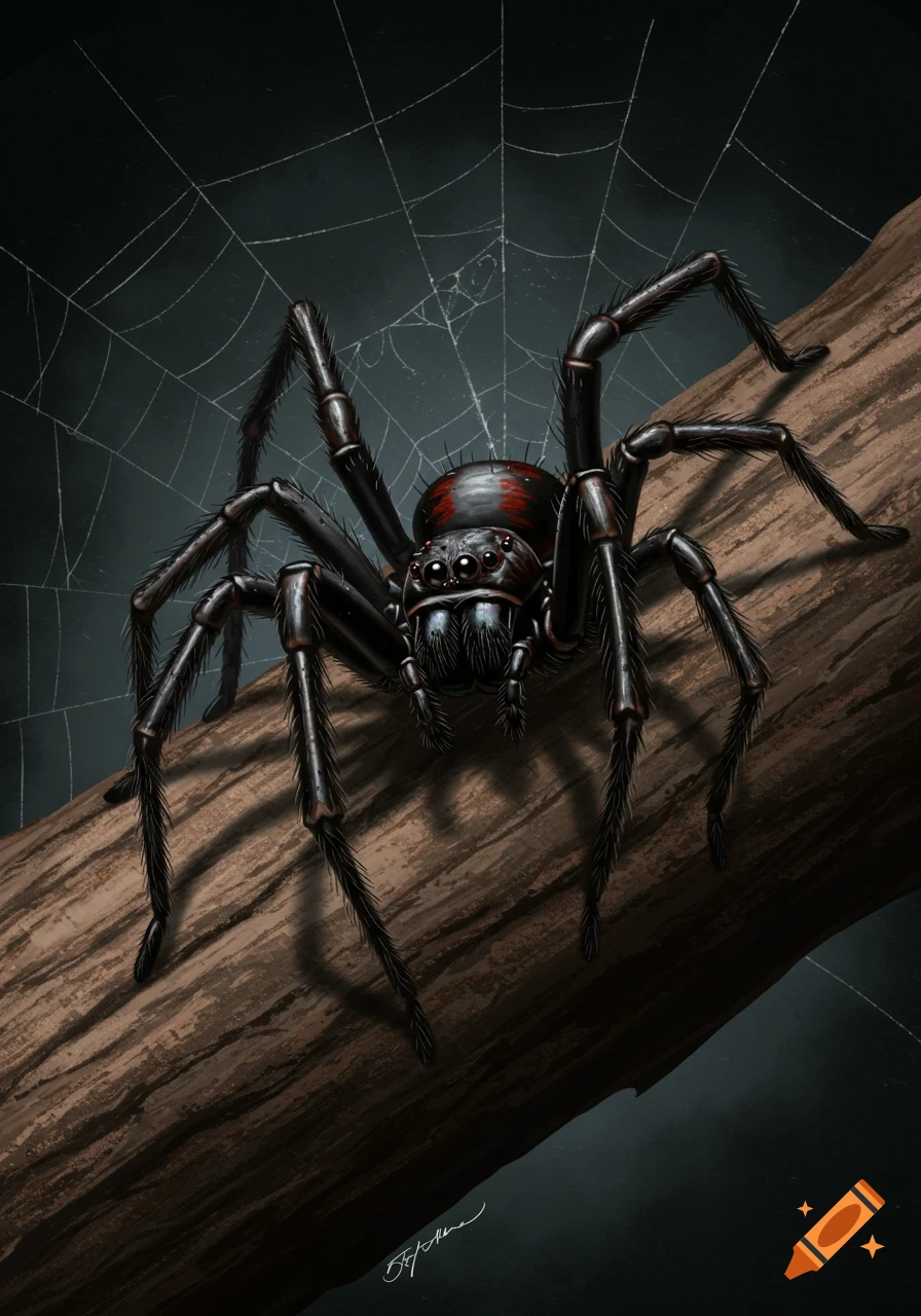 Detailed illustration of a black spider with red markings on a log with a web.