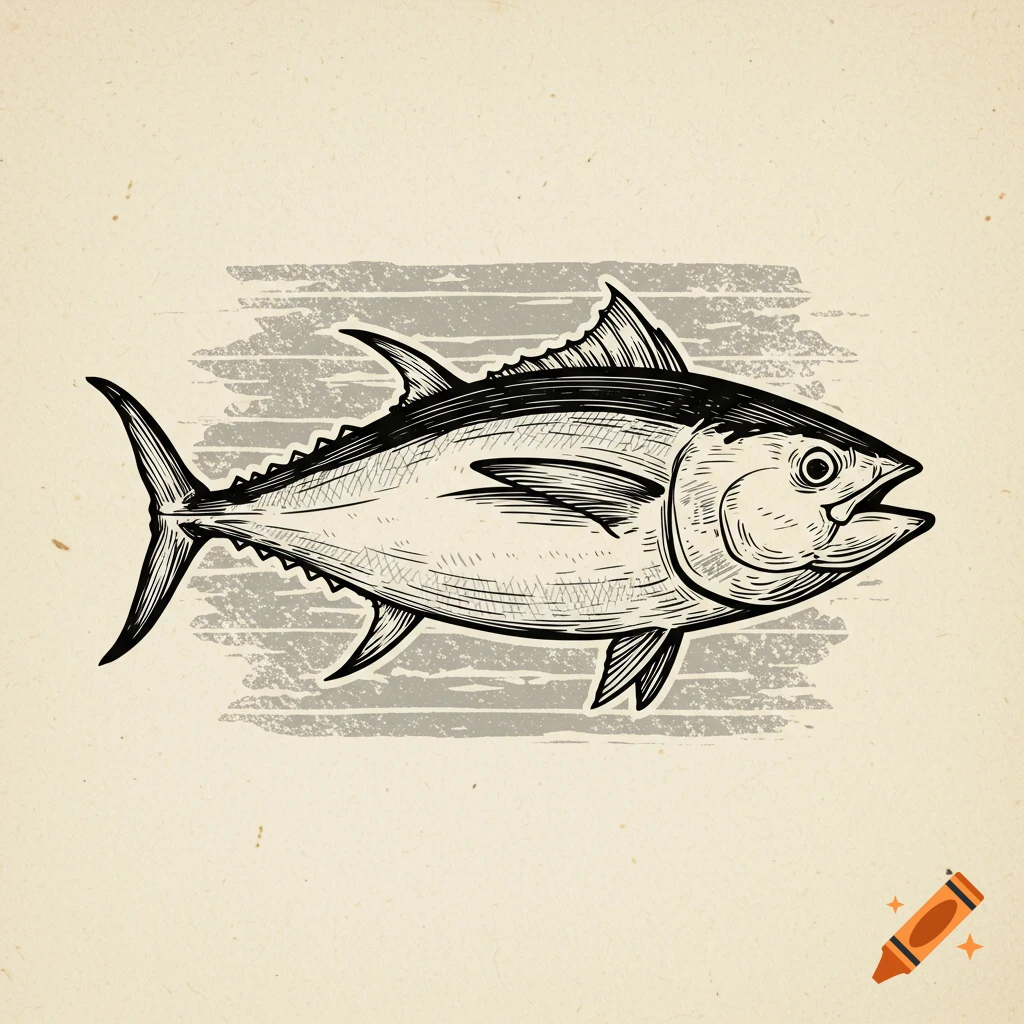 Black and white illustration of a tuna fish on a textured background.