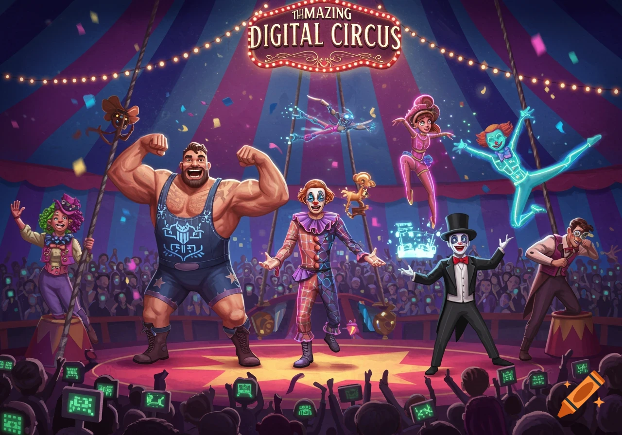 Cartoon circus performers including a strongman, clown, and ringmaster performing under a banner reading 'The Amazing Digital Circus'.